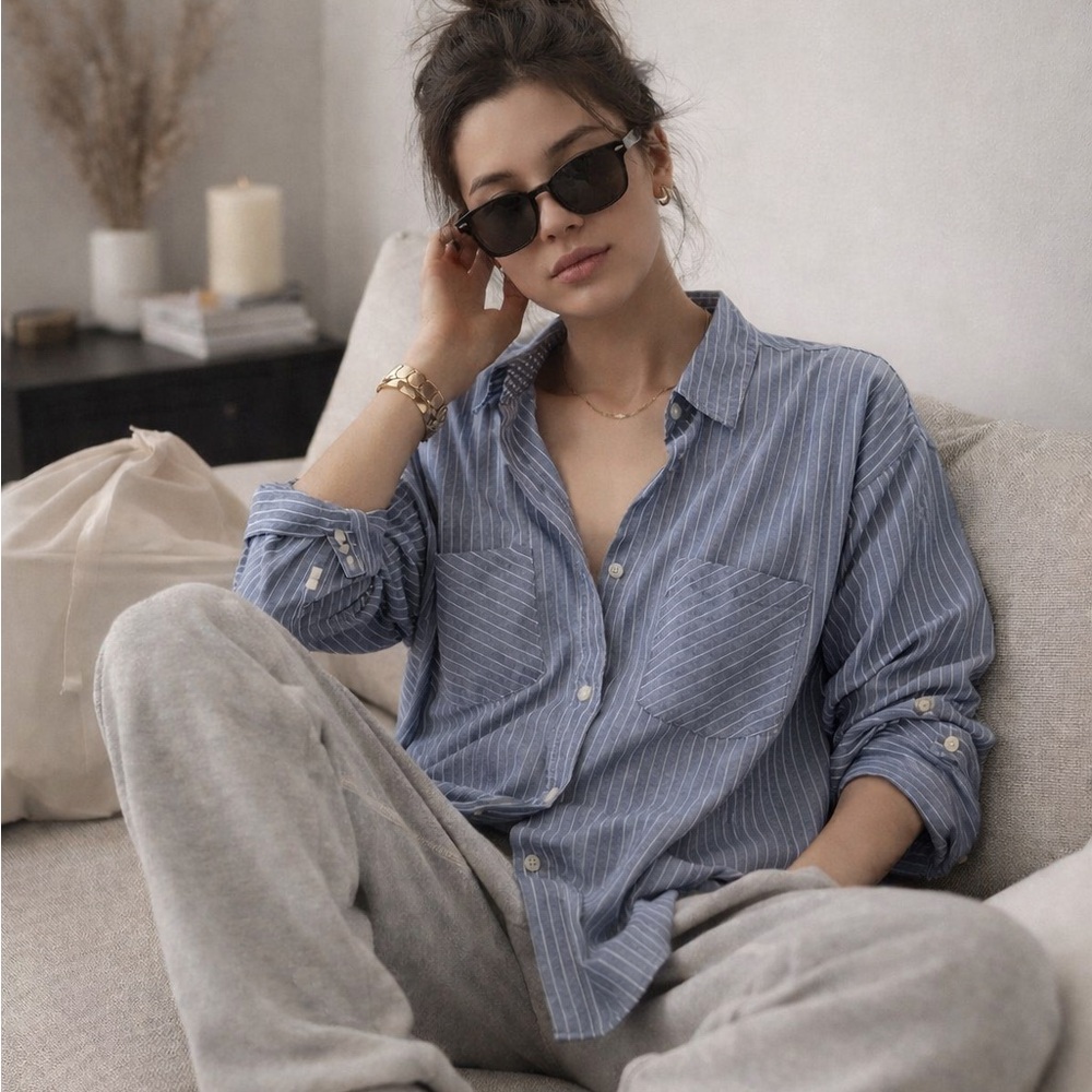 DREW Mixed Media Blue Pinstripe Button-Down Shirt